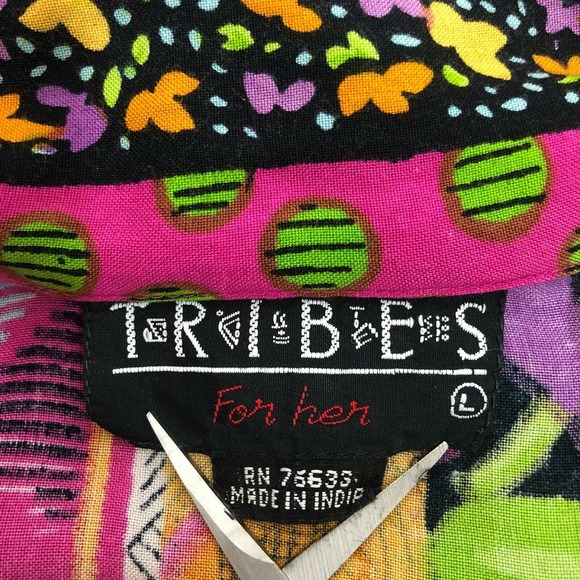 Vintage 90s Artsy Tunic Top Bold Colorful Geometric Button Front Blouse Large - Picture 3 of 9